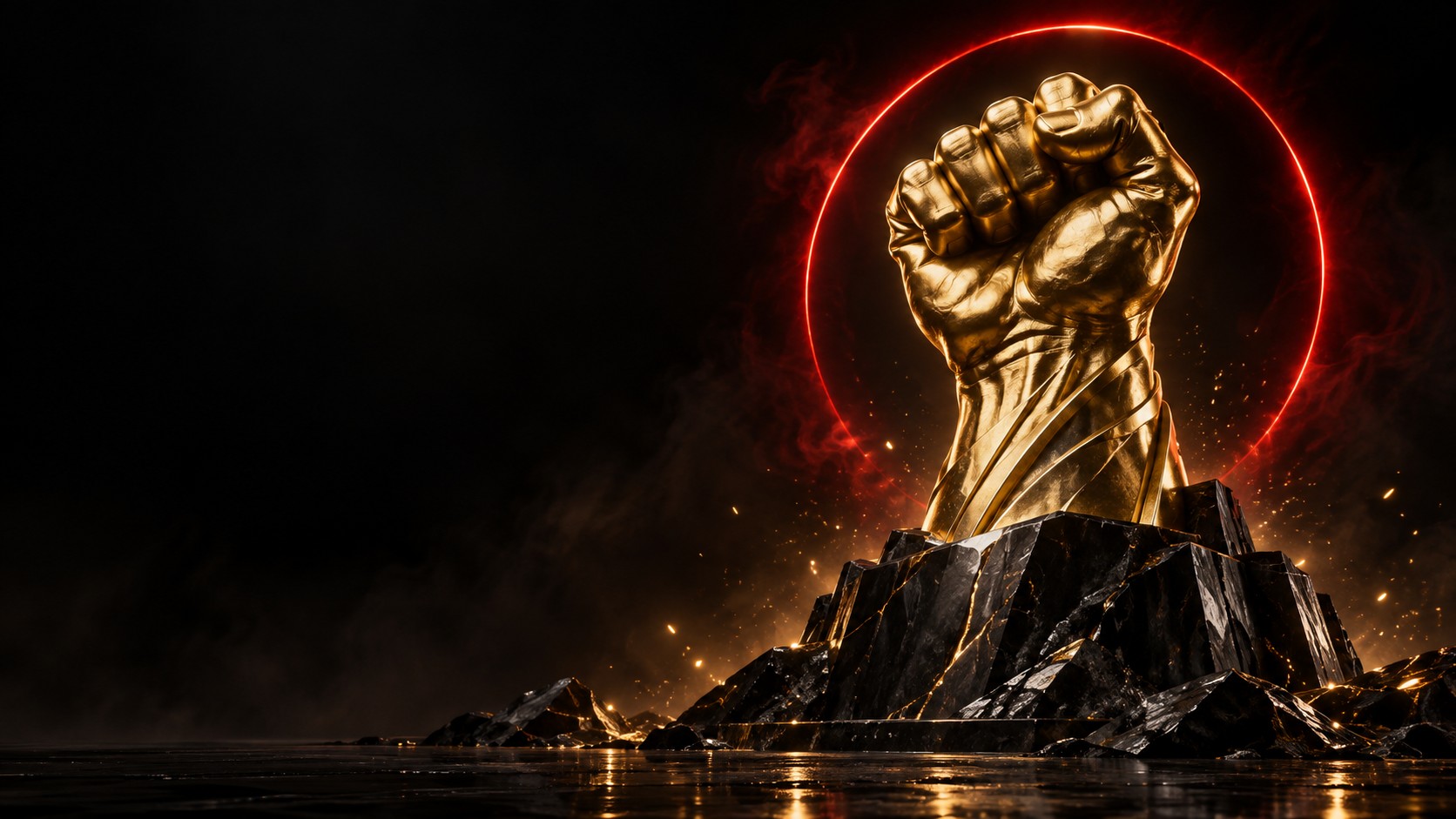 Monumen kepalan tangan emas dengan cahaya merah, simbol semangat TEKAD77